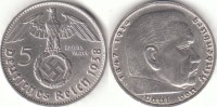 5 Reichsmark 1938 Deutsches Reich Hindenburg mit Hk D vz ss
